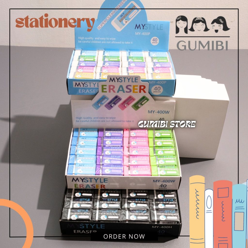 

(1 BOX 40 PCS) PENGHAPUS KOTAK MINI MYSTYLE WARNA HITAM PUTIH WARNA WARNI PENGHAPUS STIP PENSIL BLACK WHITE RAINBOW GROSIR GUMIBI STORE