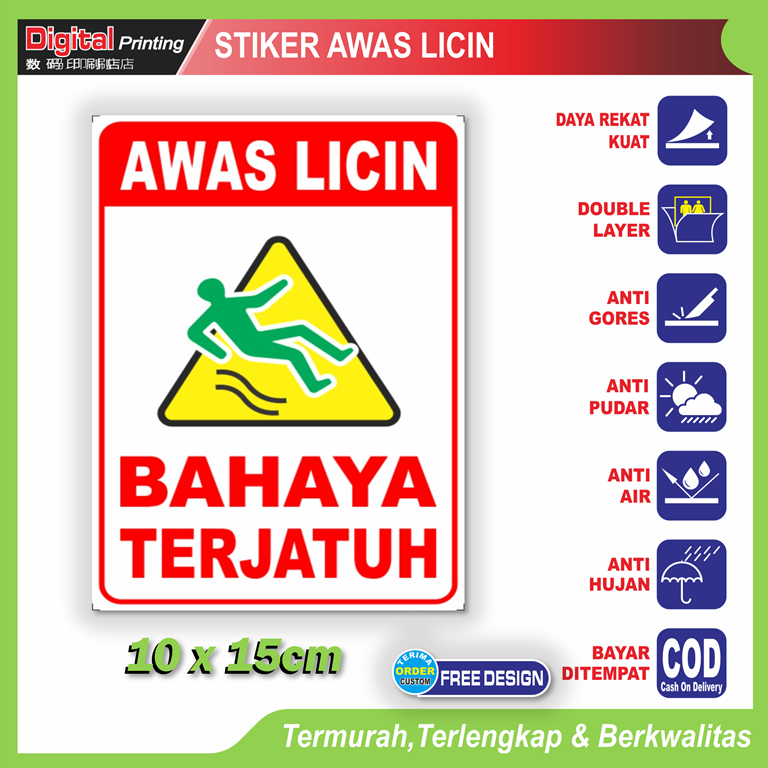Stiker tulisan awas licin bahaya terjatuh sticker peringatan lantai licin keamanan lingkungan
