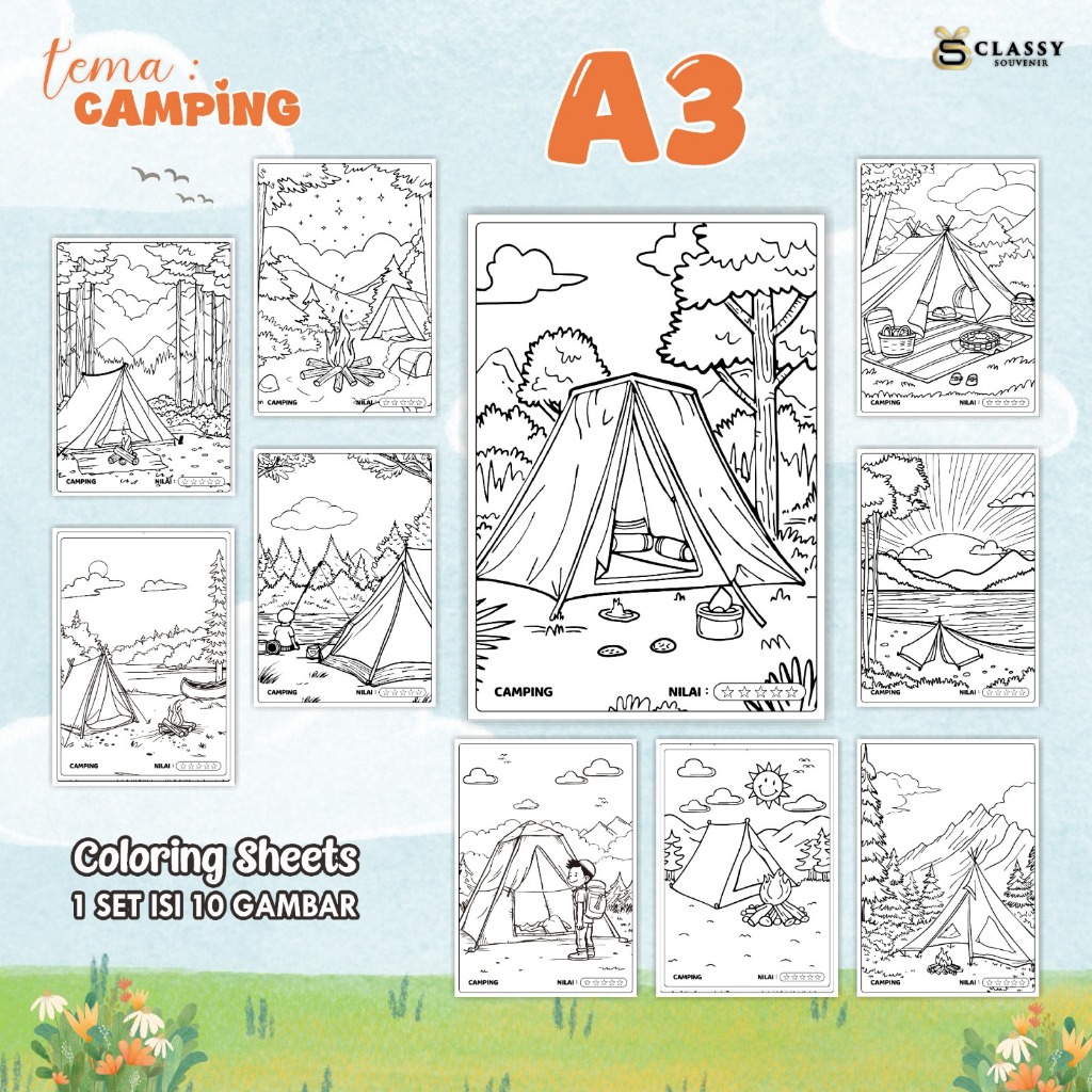 

LEMBAR GAMBAR MEWARNAI ANIMASI ANAK 1 SET ISI 10 GAMBAR - [TEMA CAMPING] - COLORING SHEETS FOR KIDS A3