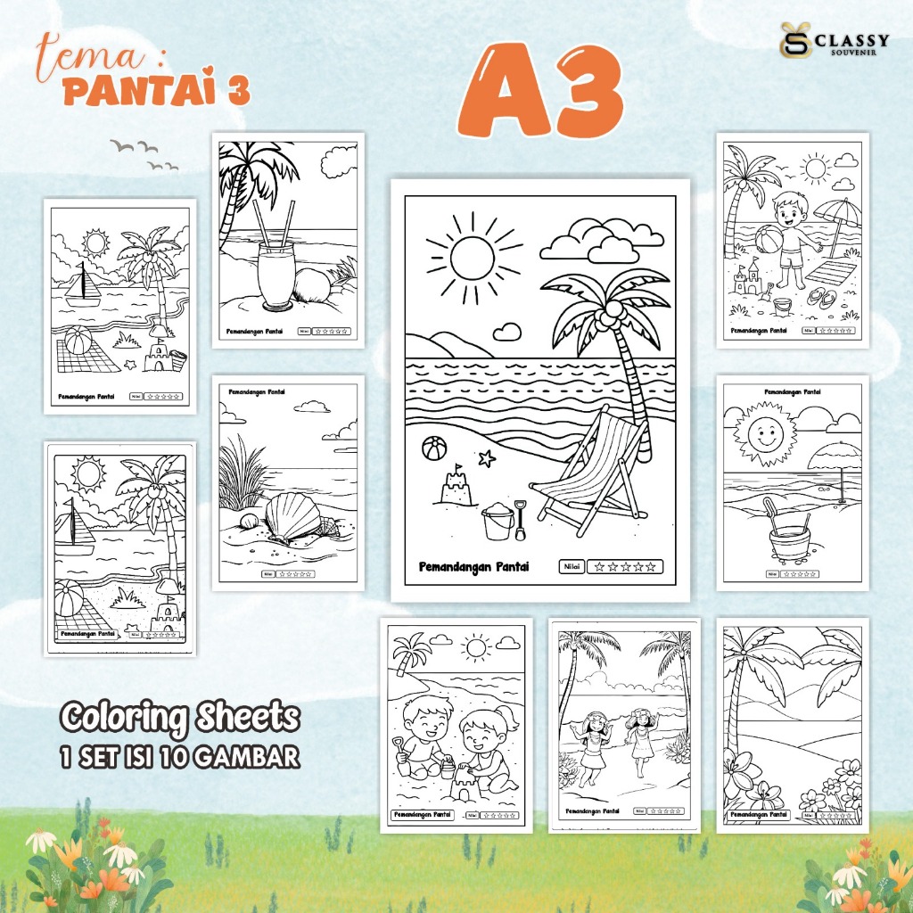 

LEMBAR GAMBAR MEWARNAI ANIMASI ANAK 1 SET ISI 10 GAMBAR - [TEMA PANTAI 3] - COLORING SHEETS FOR KIDS A3