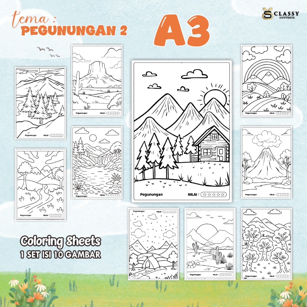 

LEMBAR GAMBAR MEWARNAI ANIMASI ANAK 1 SET ISI 10 GAMBAR - [TEMA PEGUNUNGAN 2] - COLORING SHEETS FOR KIDS A3
