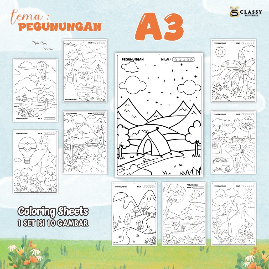 

LEMBAR GAMBAR MEWARNAI ANIMASI ANAK 1 SET ISI 10 GAMBAR - [TEMA PEGUNUNGAN] - COLORING SHEETS FOR KIDS A3