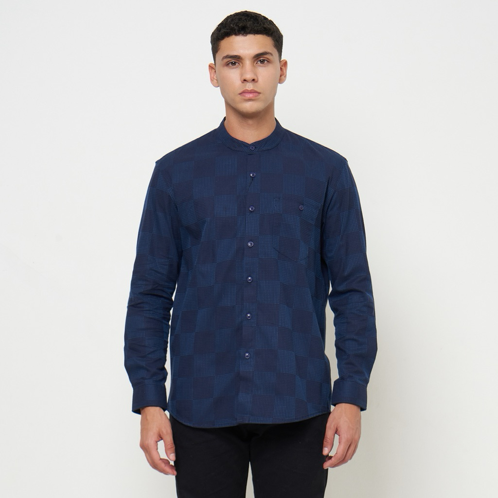 Vanfive Kemeja Koko Pria Kotak Kotak Shanghai Lengan Panjang ZAID Navy