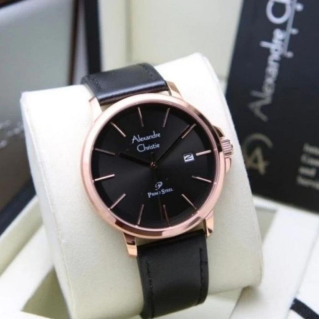 JAM TANGAN PRIA ORIGINAL ALEXANDRE CHRISTIE AC1032MD ROSEGOLD BLACK LEATHER STRAPt