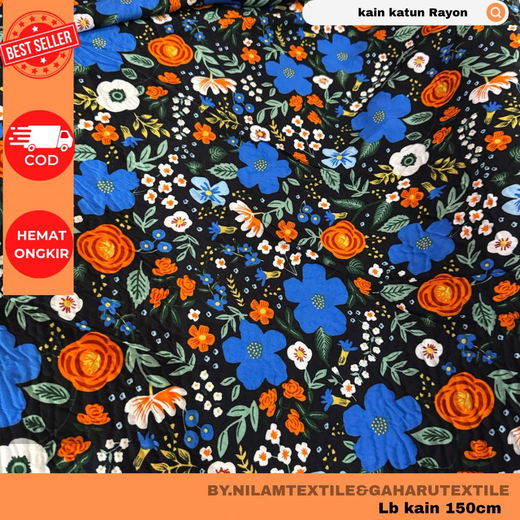 kain katun rayon/bahan rayon premium-rayon viscose-motif kembang warna mewah-kain meteran gaharu