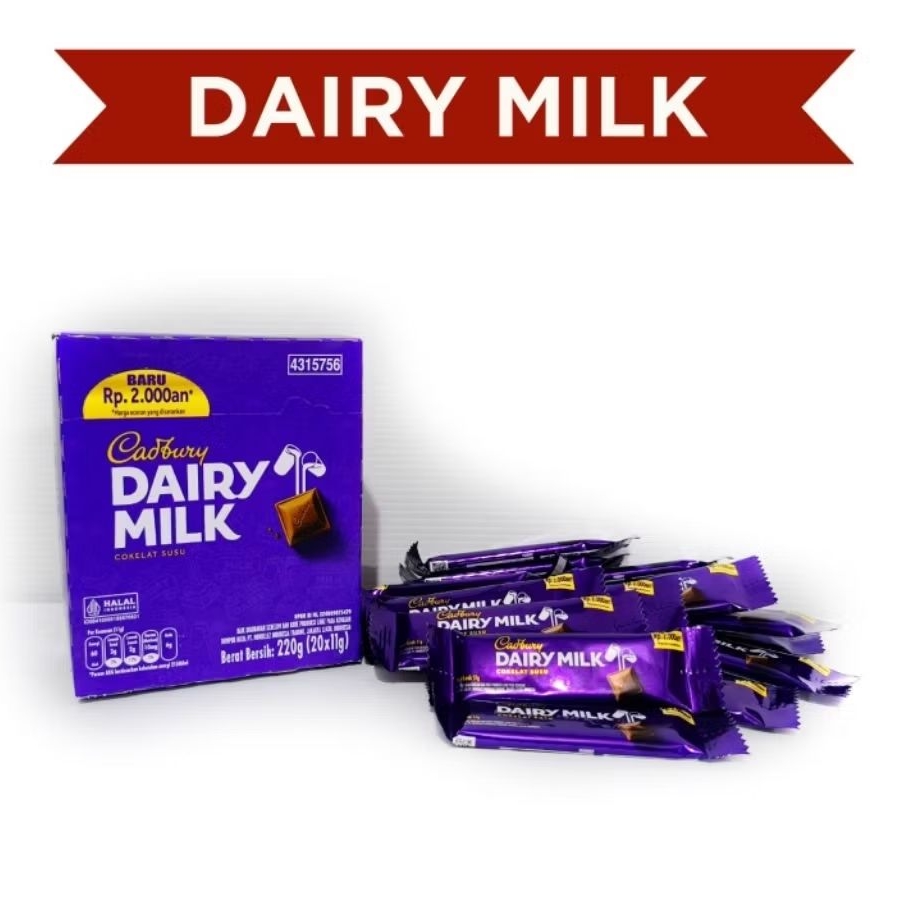 

Cadbury Dairy Milk 11 Gram ( Isi 20 pcs ) Coklat Kekinian Cadbury Promo