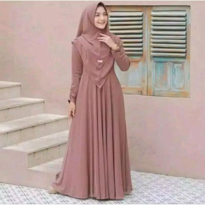 Gamis Putih Syari Set Hijab Baju Umroh Haji Muslim Wanita Mayra Cringkle Hijab Dua Layer