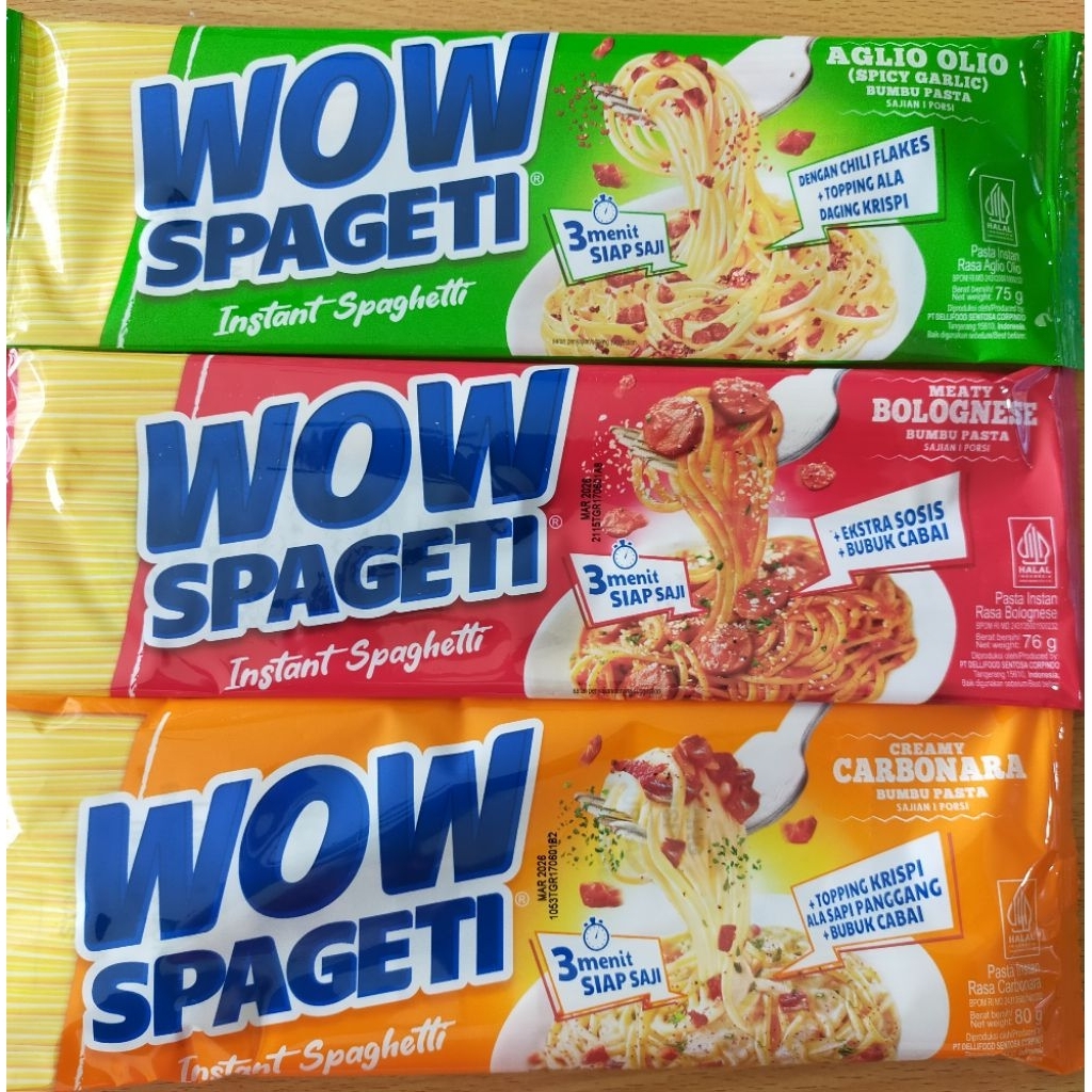 

WOW SPAGETI 5bgks creamy carbonara 80g, bolognese 76g,aglio olio 75g