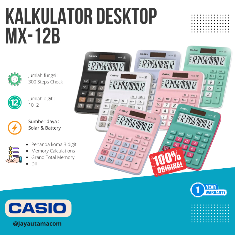 

Casio Calculator MX 12B All Color Kalkulator Desktop 12 Digit Original Kalkulator Mini