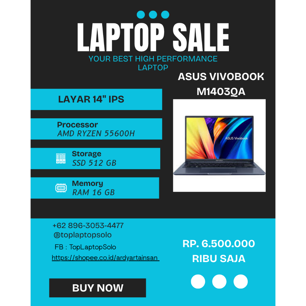 ASUS Vivobook M1403QA Laptop Processor AMD Ryzen 5 5600H SSD 512GB RAM 16 GB