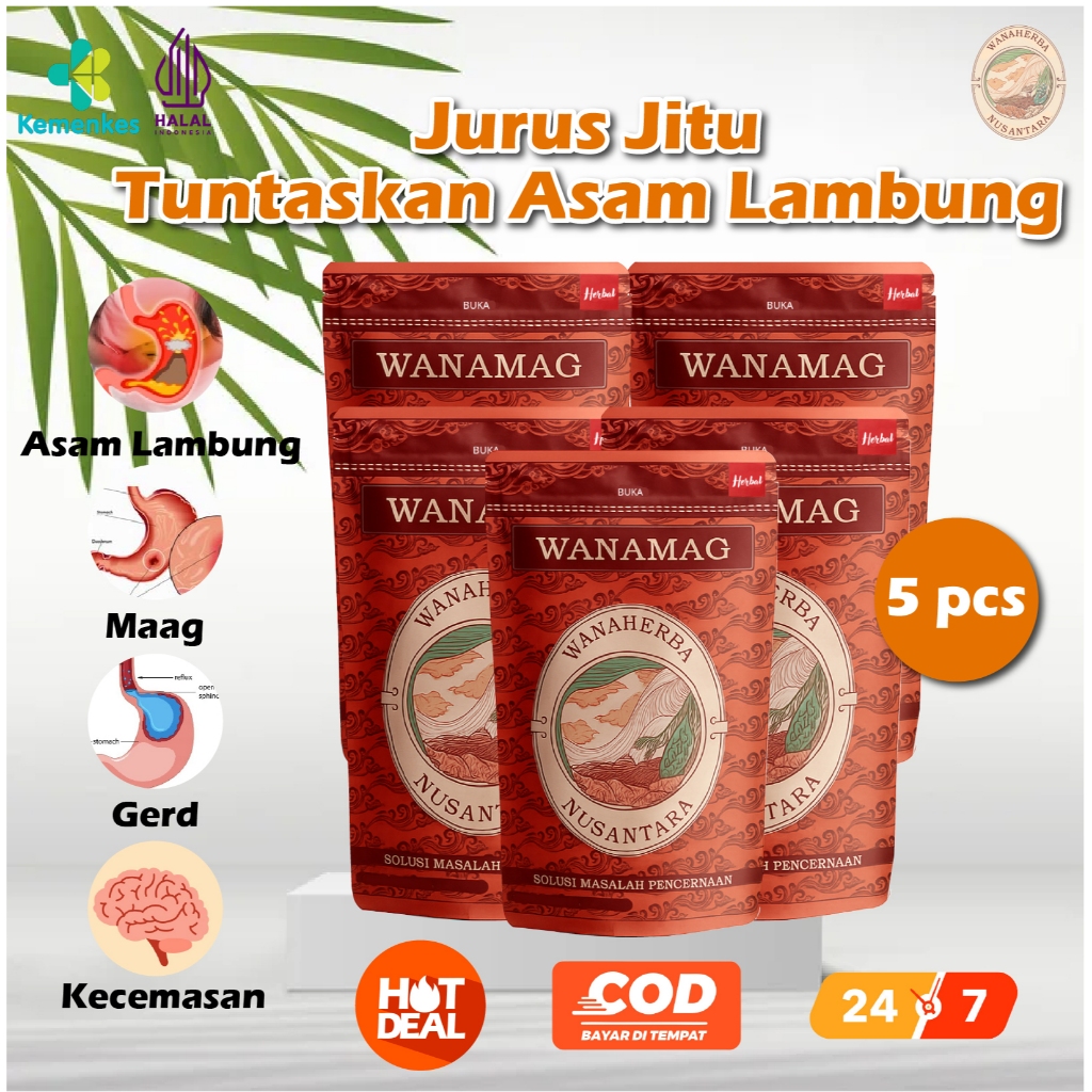 

Wanamag 5 pcs Minuman Herbal Pencernaan Obat Asam Lambung / Maag / Mag / Tukak Lambung / Gerd / Anxiety Kecemasan / Panas Ulu Hati / Mual / Muntah