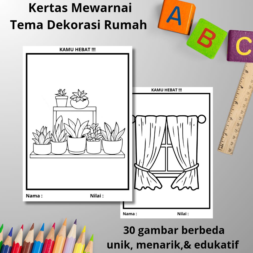 

Kertas Mewarnai Anak Tema Dekorasi Rumah 30 Lembar Berbeda Ukuran A4 & A5 Terbaik