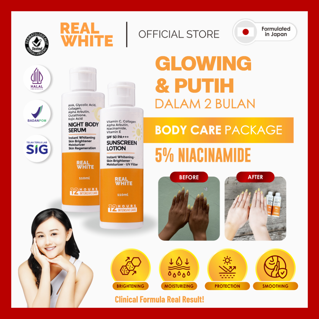 [5% NIACINAMIDE] REAL WHITE Paket Lotion Pemutih Pagi & Malam Whitening Body Care Day Night Serum Al