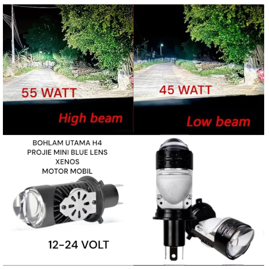 Bohlam Depan / Bohlam Utama H4 J17 Projie Mini 45-55 Watt 12-24 Volt Blue Lens Motor/Mobil Xenos