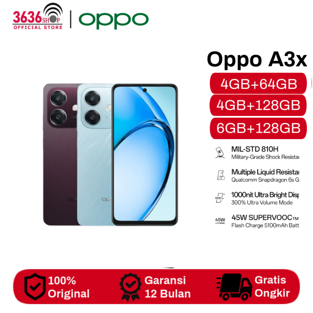 Oppo A3X [4GB+64GB] [4GB+128GB] [6GB+128GB] - Qualcomm Snapdragon 6s 4G Gen1 - Battery 5100 mAh - Ga
