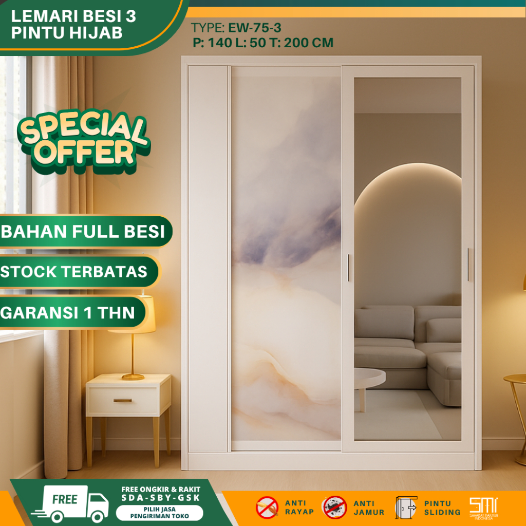 Lemari Besi 3 Pintu Jumbo Hijab - Lemari Baju Lemari Pakaian Sliding Lemari Besi Almari Baju