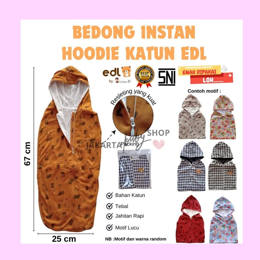 Bedong Instan Katun Hoodie EDL / Bedong Bayi Instan / Baju pakaian selimut bayi ANTI ALERGI BEST SEL