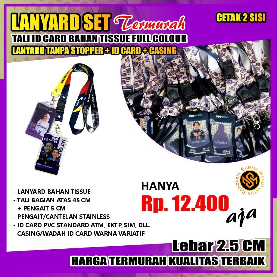 

Lanyard Set Tali ID Card Paket Kartu Casing Frame Custom Tissue Tisu Kalung Full Colour - Lebar 2,5 CM Cetak 2 Sisi Tanpa Stopper