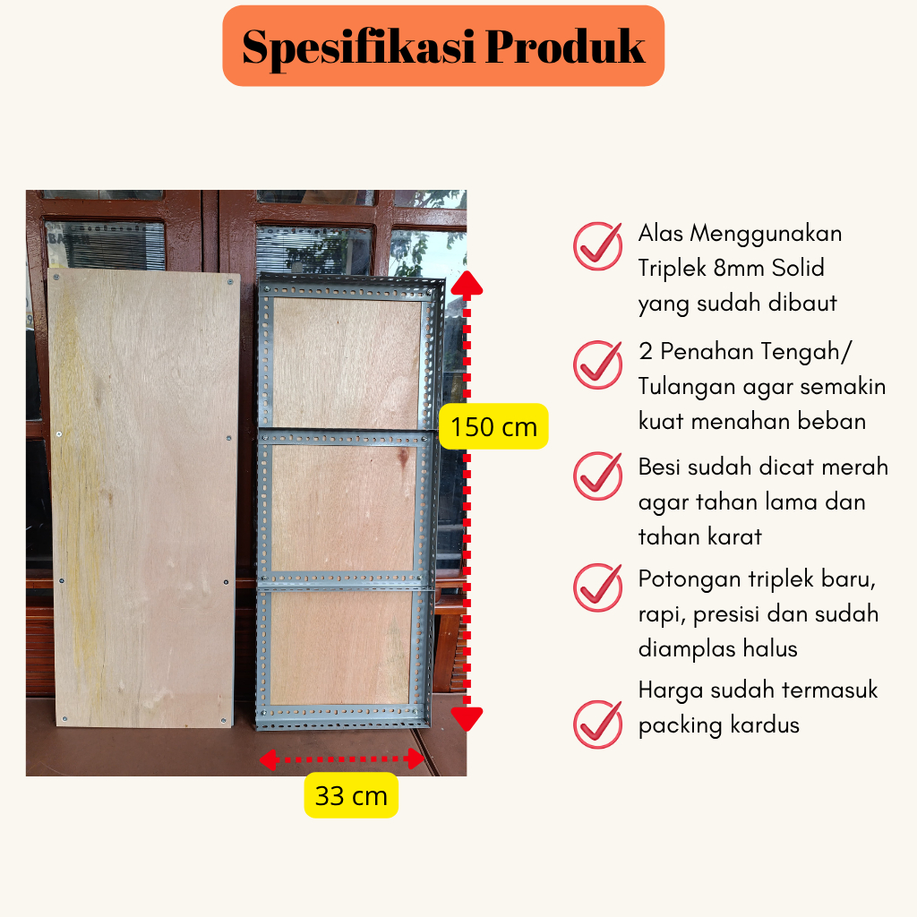 Papan Ambalan P150 L33 Tatakan Rak Susun Besi Siku Lubang Siap Pakai