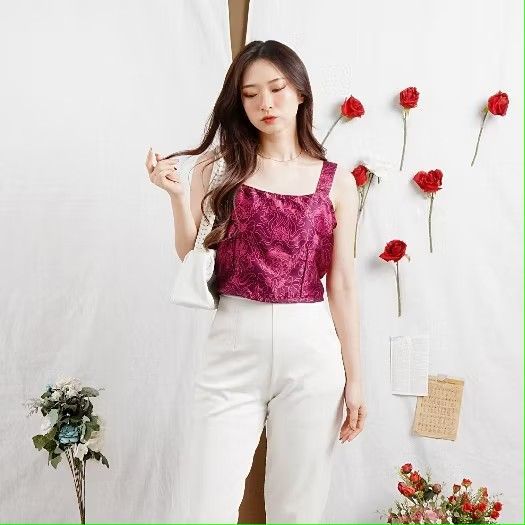 Atasan Korset Crop Batik Satin - Merah Maroon