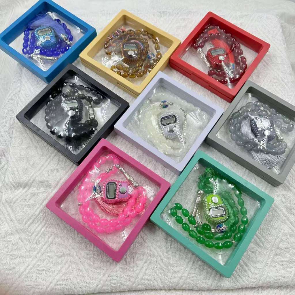 Tasbih Digital Manik-Manik Batu Permata Set dan Tasbih Mutiara Warna Pastel dengan kemasan Box