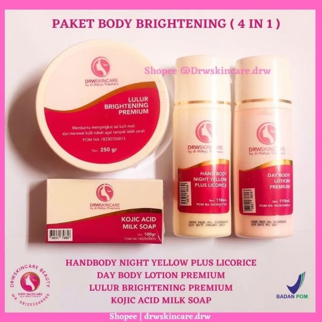 PAKET LOTION  BRIGHTENING HB NIGHT YELLOW PLUS LICORICE DRW SKINCARE PEMUTIH BADAN ORIGINAL BPOM