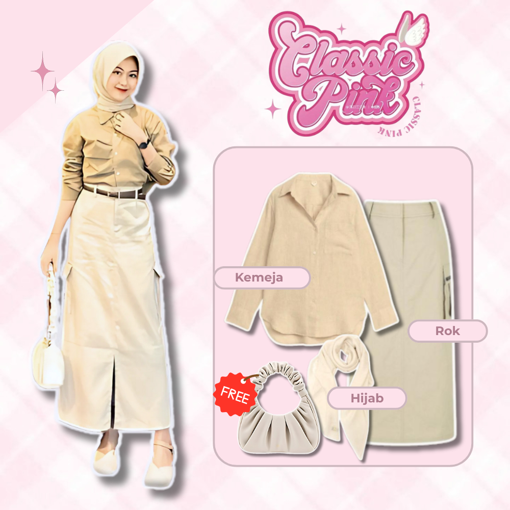 OOTD YOUNG 3in1 OUTFIT SETELAN ROK WANITA HIJAB ONE SET KOREAN ( KEMEJA + ROK + HIJAB )