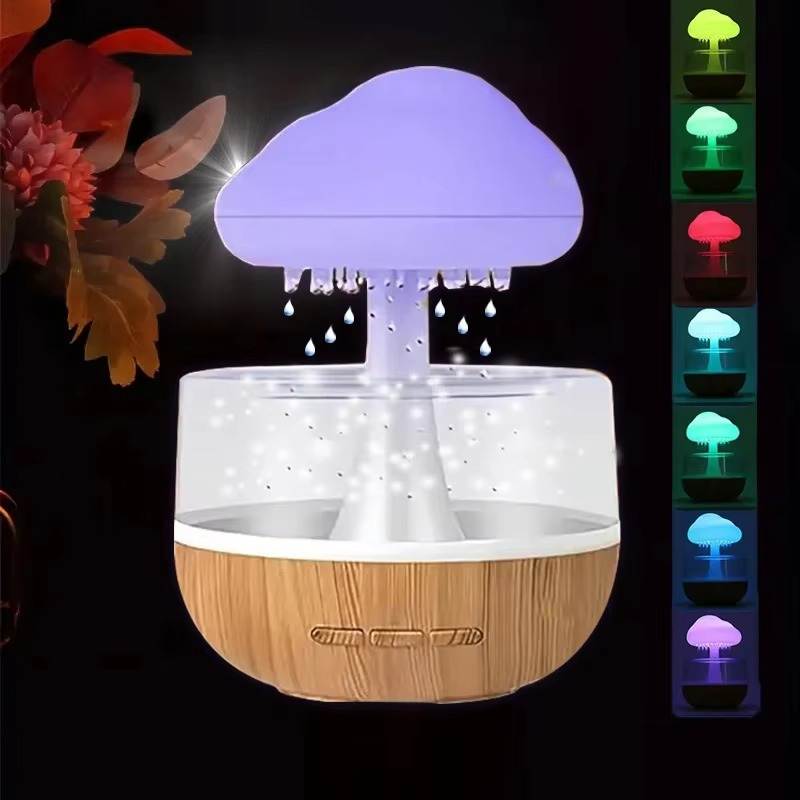 Humidifier Diffuser Dekorasi Pajangan Pewangi Aromatherapy Ruangan Lampu Kamar Tidur Kerja Hiasan Estetik Suara Air Hujan Jatuh Sejuk Gemercik Pelembab Ruangan Awan Besar 300ml Hadiah Relaksasi Rain Cloud Water Drip Raindrop RainFall Mushroom 7 LED Type C