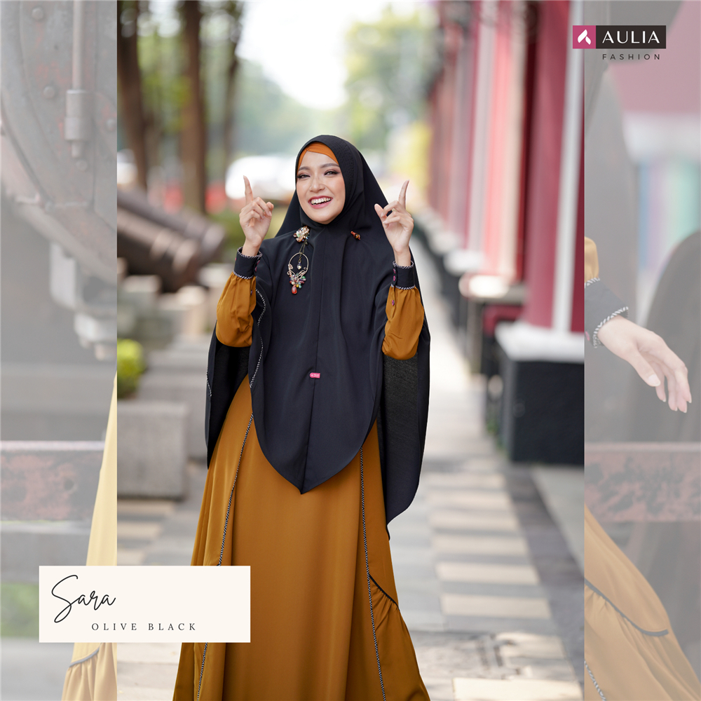 Set Gamis SyariAulia Fashion Gamis Set Khimar By Sara Olive Black Terbaru 2023