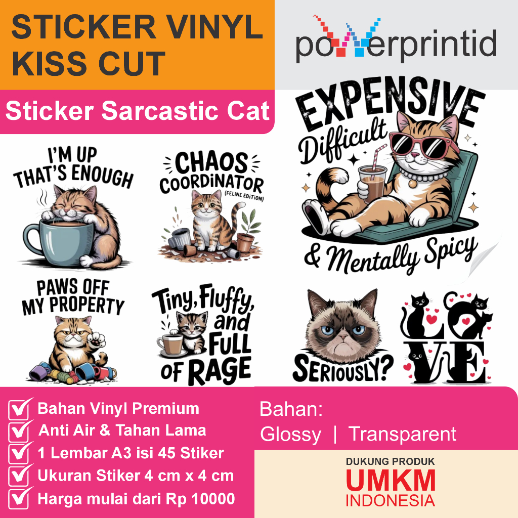 

Sticker Kucing Sarcastic Lucu – Vinyl Kiss Cut | Waterproof & Tahan Lama | 45 Desain Unik A3