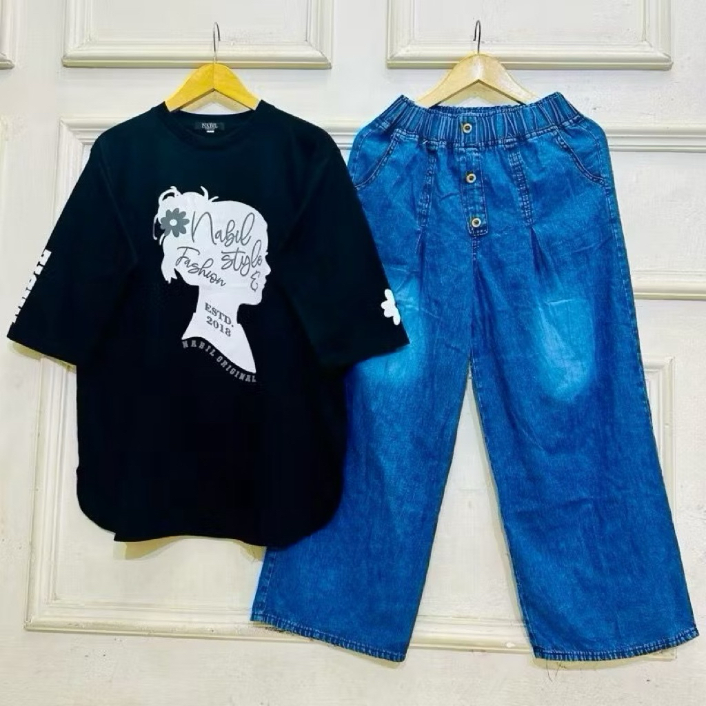 Setelan Kulot Jeans Wanita, Atasan Combed 20S, Celana Kulot Jeans Variasi Kancing, Setelan wanita te