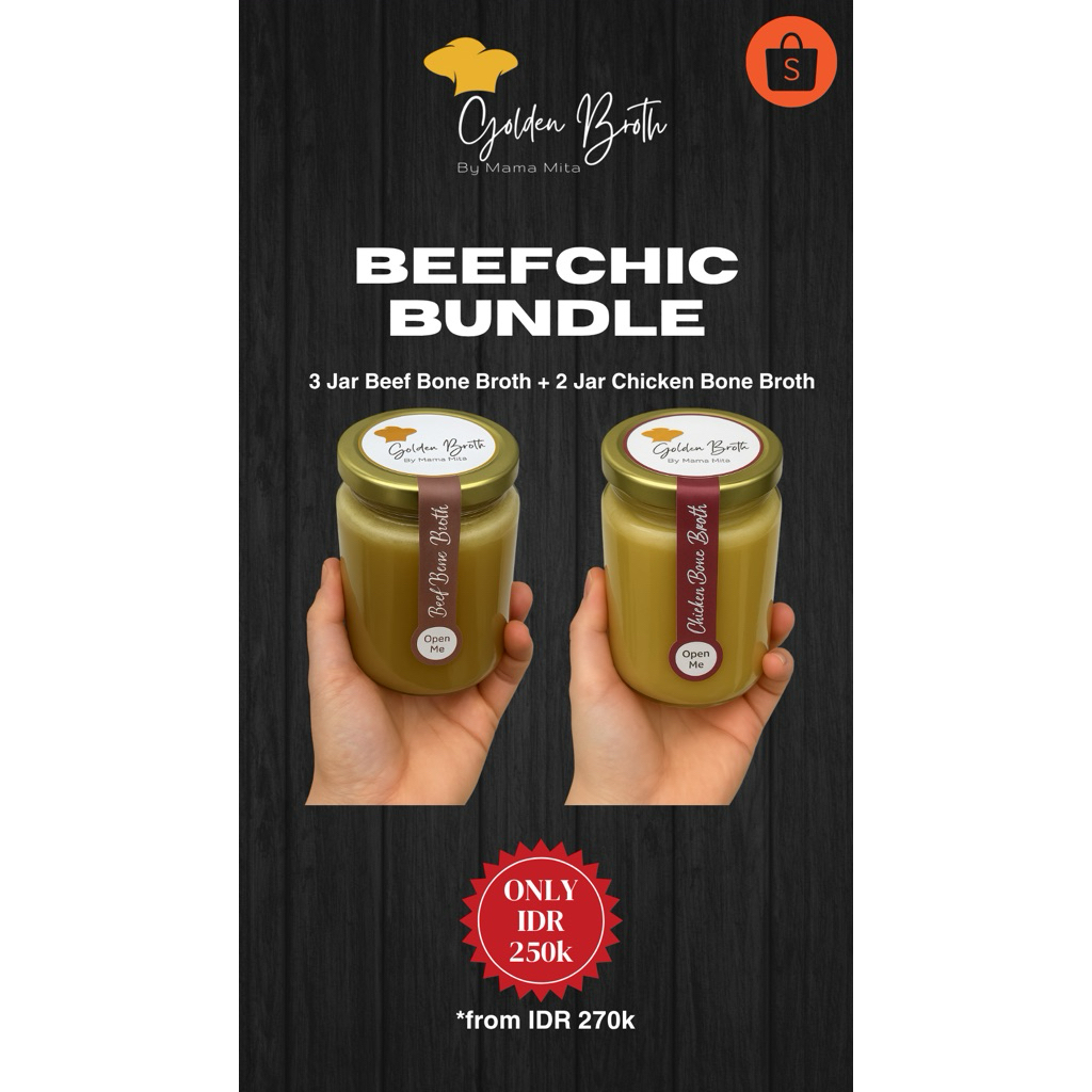 

BEEFCHIC BUNDLING (3 Beef Bone Broth + 2 Chicken Bone Broth) - Golden Broth by Mama Mita - kaldu tulang sapi - kaldu ayam kampung liar - tanpa MSG, gula garam pengawet - MPASI, bumil, busui friendly - READY STOCK SIAP KIRIM INSTANT SAMEDAY