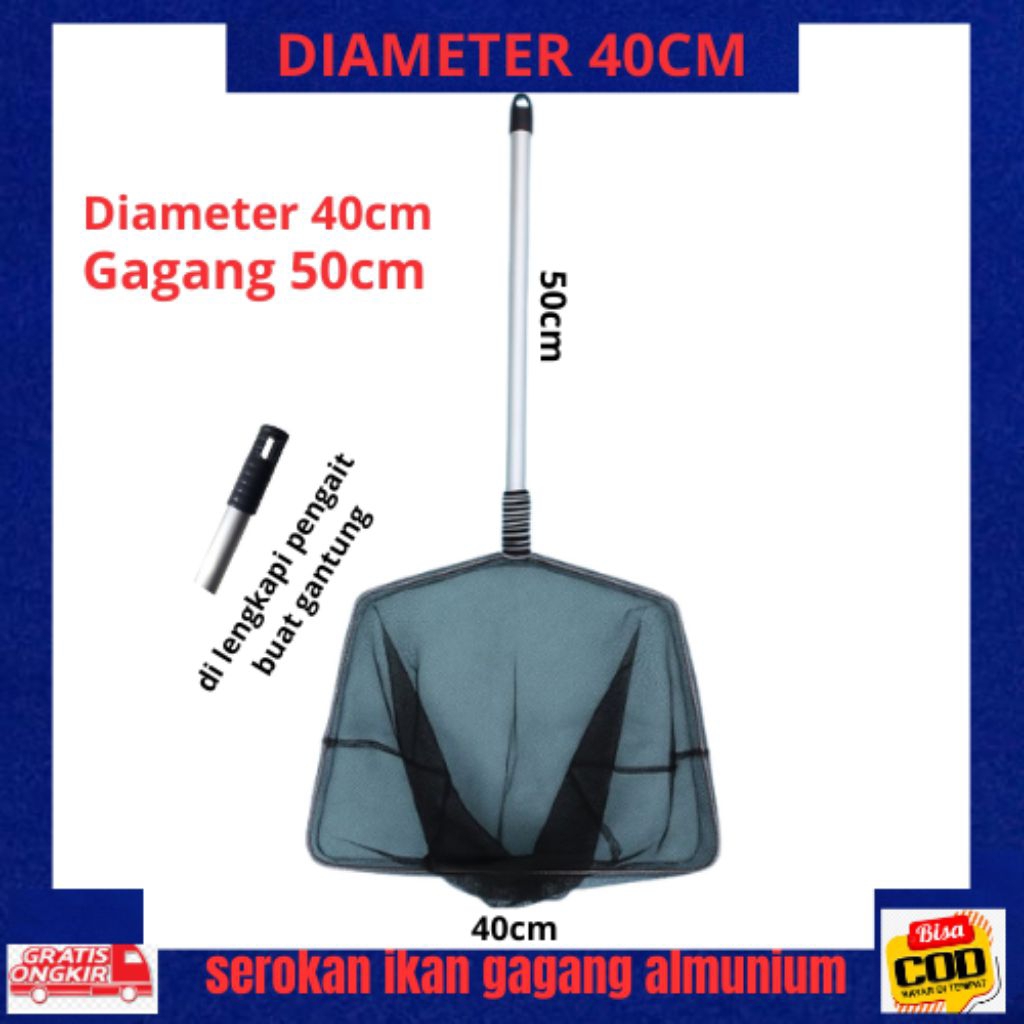Serokan ikan besar diameter 40cm gagang almunium 50cm serokan seser jaring lamit ikan koi mas nila l