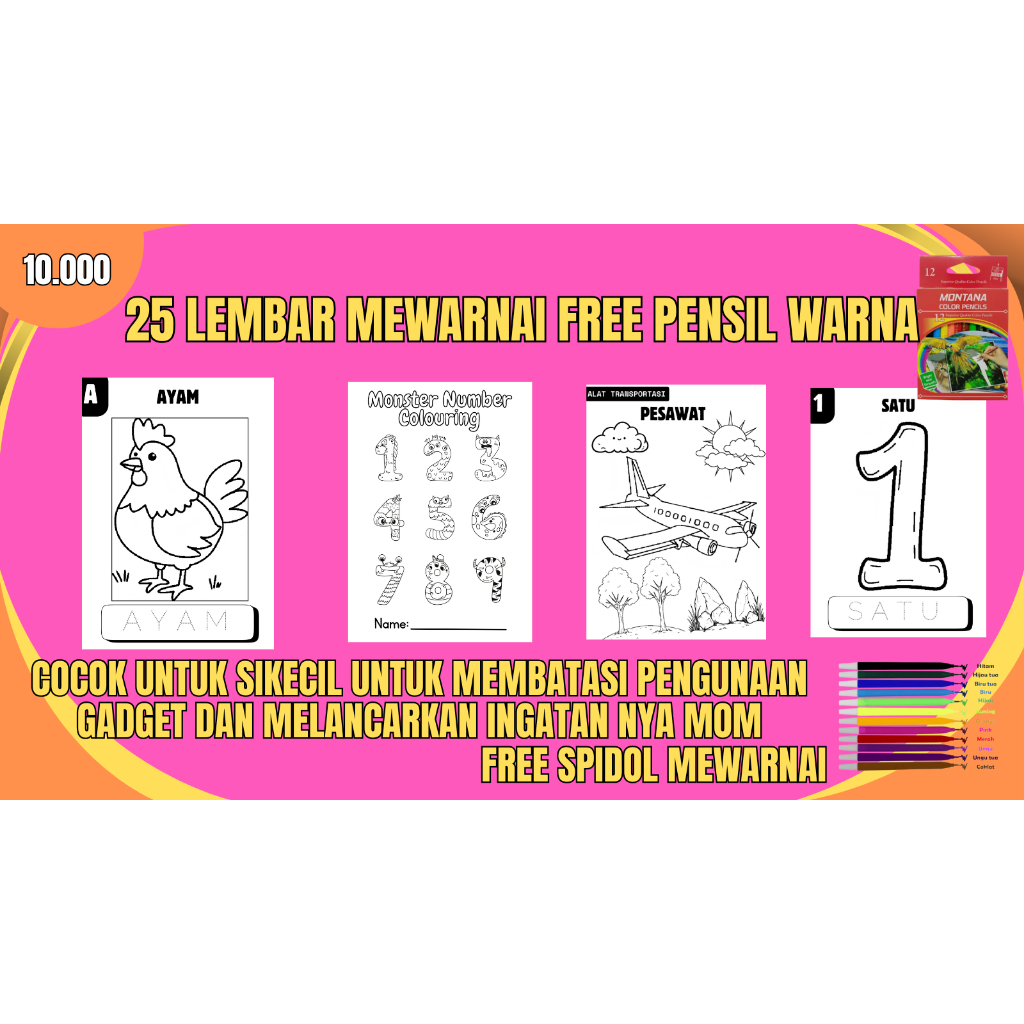

25 LEMBAR KERTAS MEWARNAI FREE PENSIL WARNA/SPIDOL