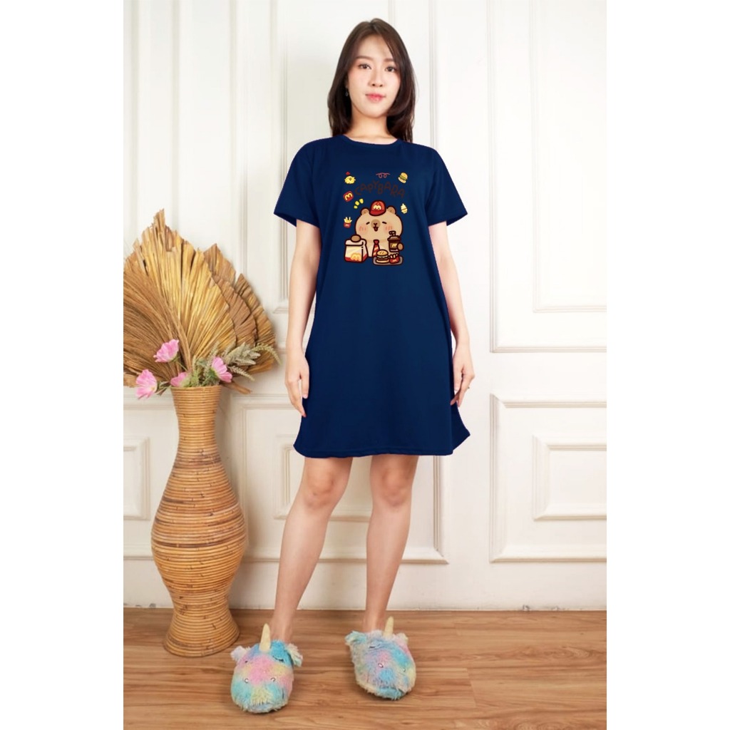 Daster Cewek Wanita Capibara Motif bahan Katun Dewasa Lucu dress Sleepwear nyaman Kekinian Babydol B