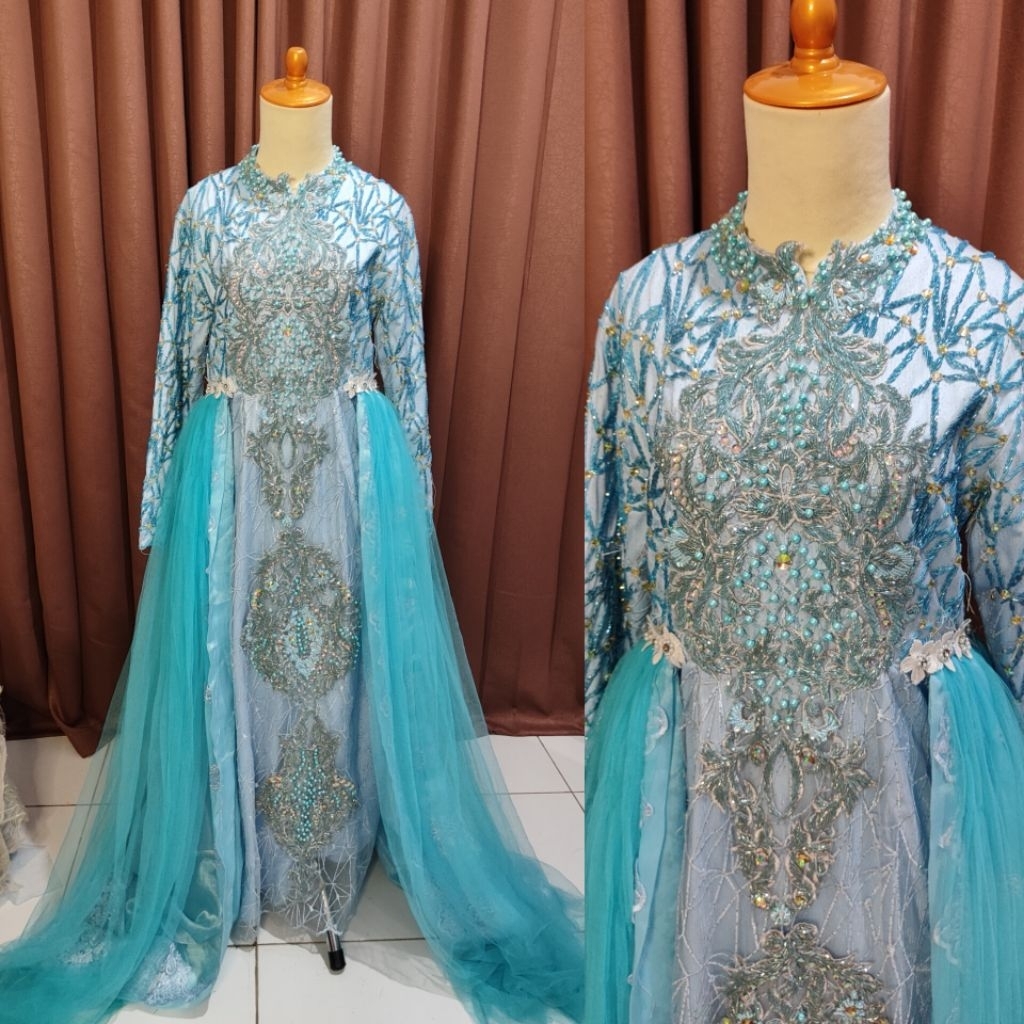 Gaun pengantin ekor warna iceblue / biru frozen / Gaun prewedding biru frozen berekor preloved