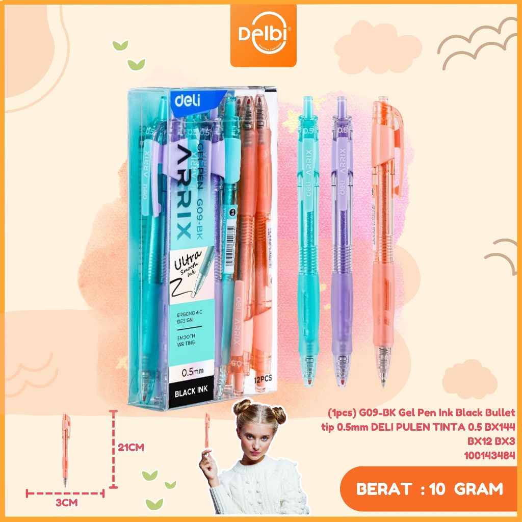 

Deli Gel Pen 0.5mm G09 ARRIX Warna Hitam (1pcs) G09-BK Gel Pen Ink Black Bullet tip 0.5mm