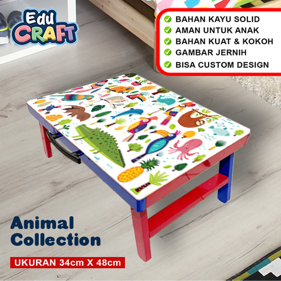 Meja Lipat Belajar Anak Kayu Karakter Animal Collection / Meja Lipat Custom Anak / Portable Serbagun