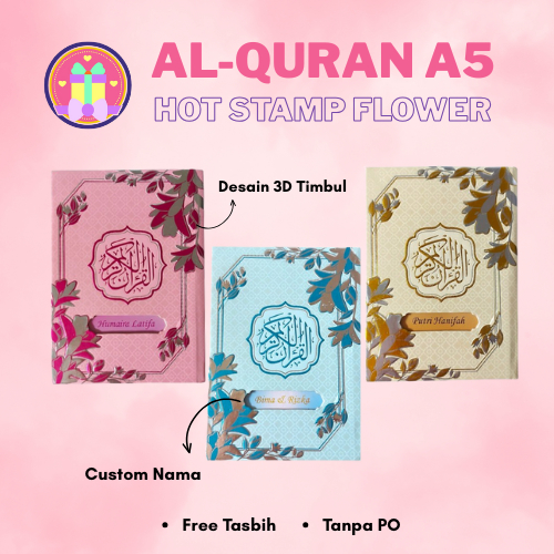 Al-Quran Custom Nama Desain 3D Emboss Flower Silver Quran Untuk Kado Mahar Seserahan Ukuran A5