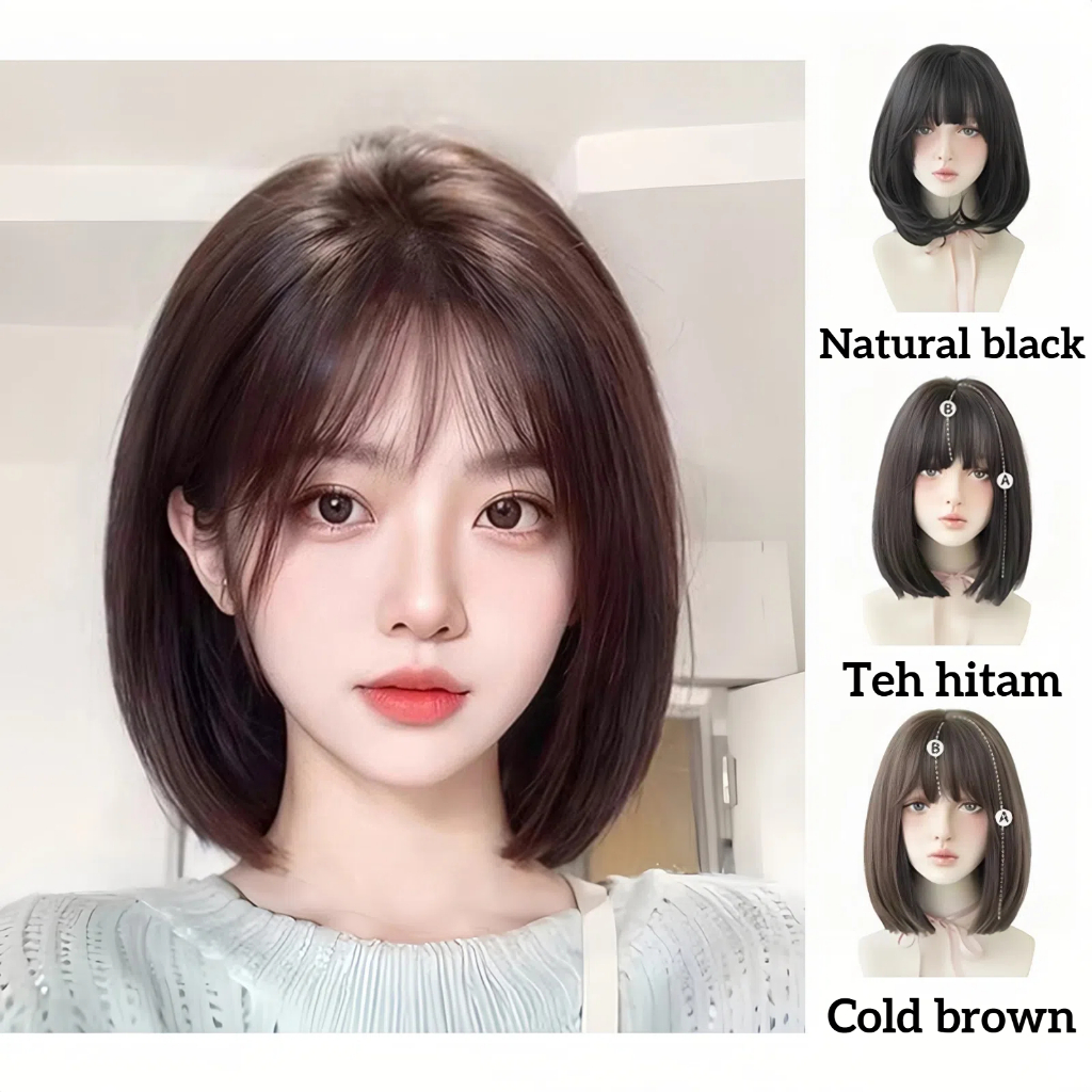Wig wanita full kepala/Wig rambut pendek wanita/Wig pendek 33CM/wig rambut asli pendek/Wig natural w