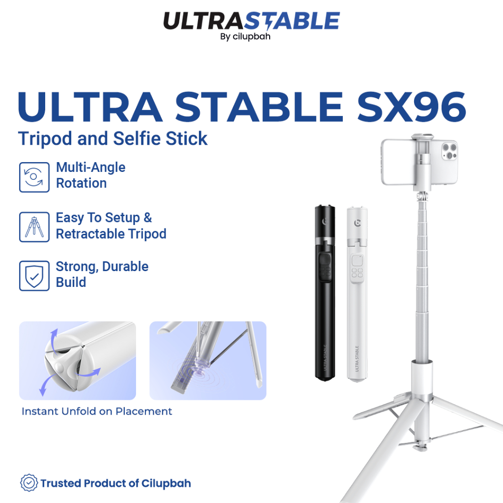 Ultra Stable SX96 Tripod Tongsis HP Bluetooth  - Selfie Stick Lipat Bisa Berdiri, Multi-Angle Rotati
