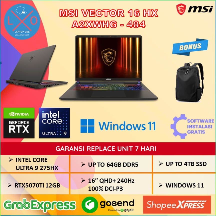 Laptop MSI Vector 16 HX RTX5070Ti 12GB Ultra 9 275HX 64GB 4TB 16" QHD+ 240Hz 100% DCI-P3 Windows 11