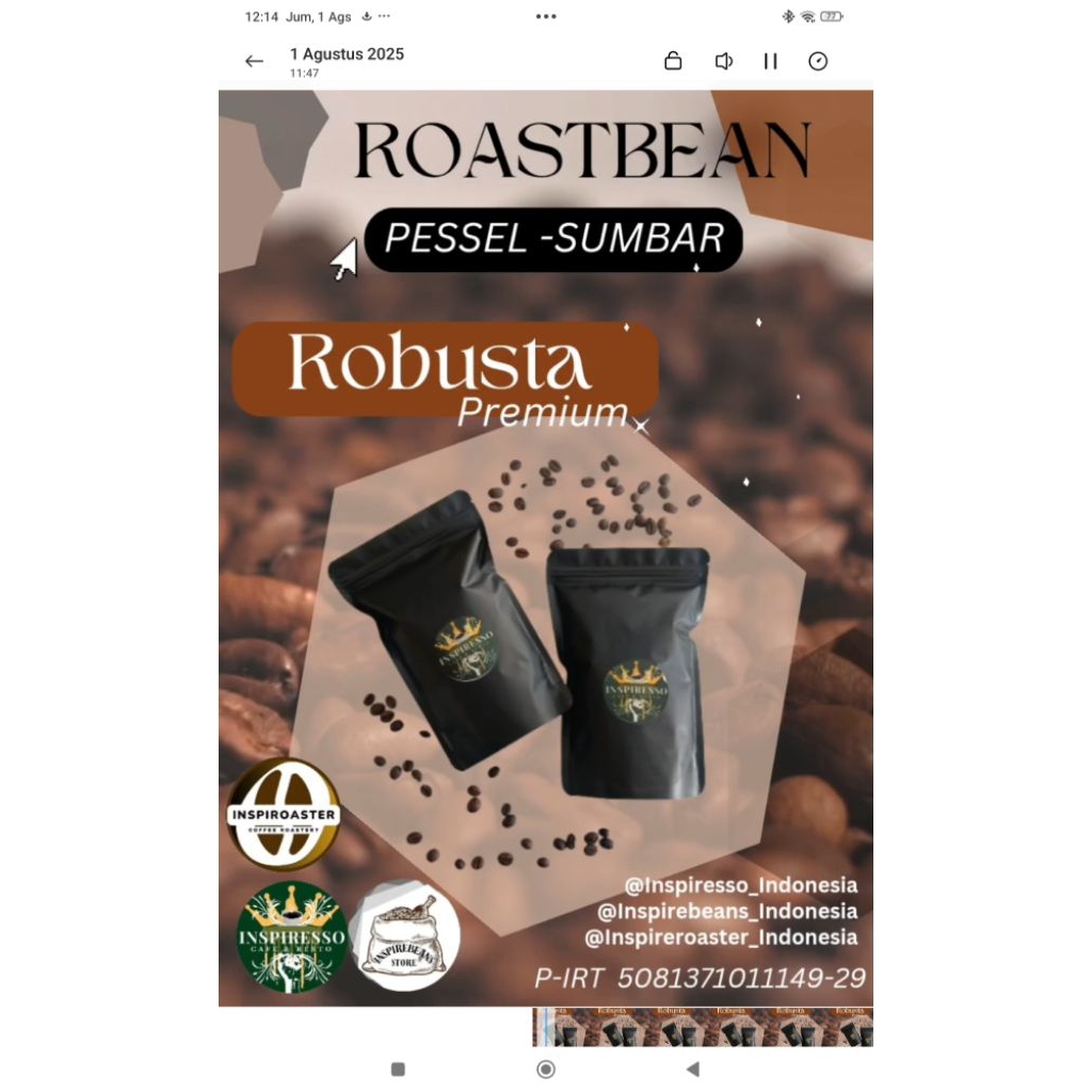 

ROASTED BEANS ROBUSTA FINE (PESISIR SELATAN SUMBAR)-