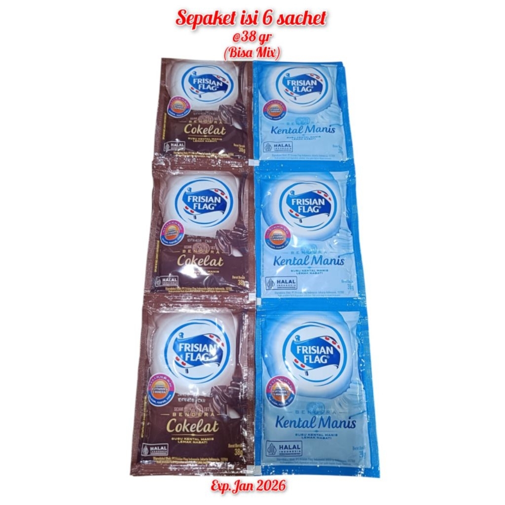 

FRISIAN FLAG SUSU KENTAL MANIS SEPAKET ISI 6 SACHET @38gr RASA COKLAT DAN VANILA
