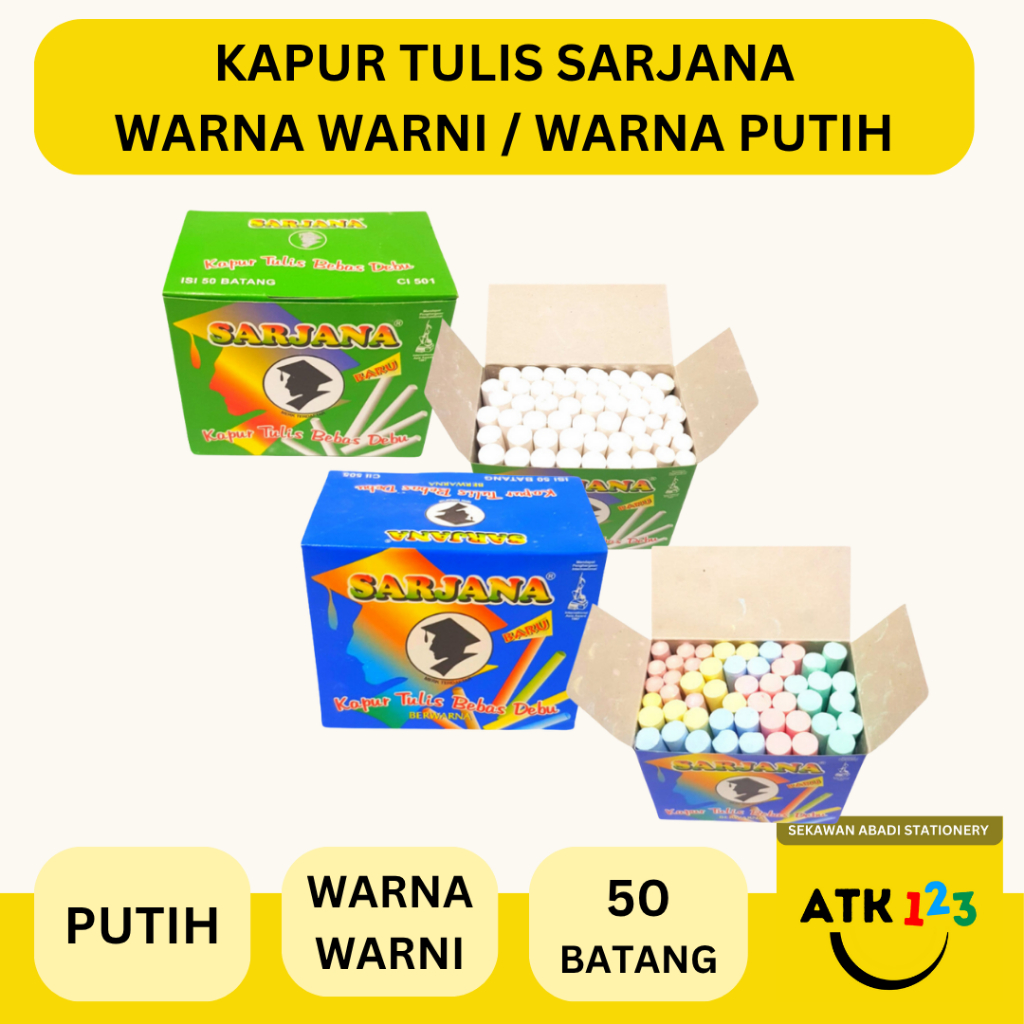 

SARJANA Kapur Tulis Bebas Debu Merk Sarjana Warna Putih / Warna Warni