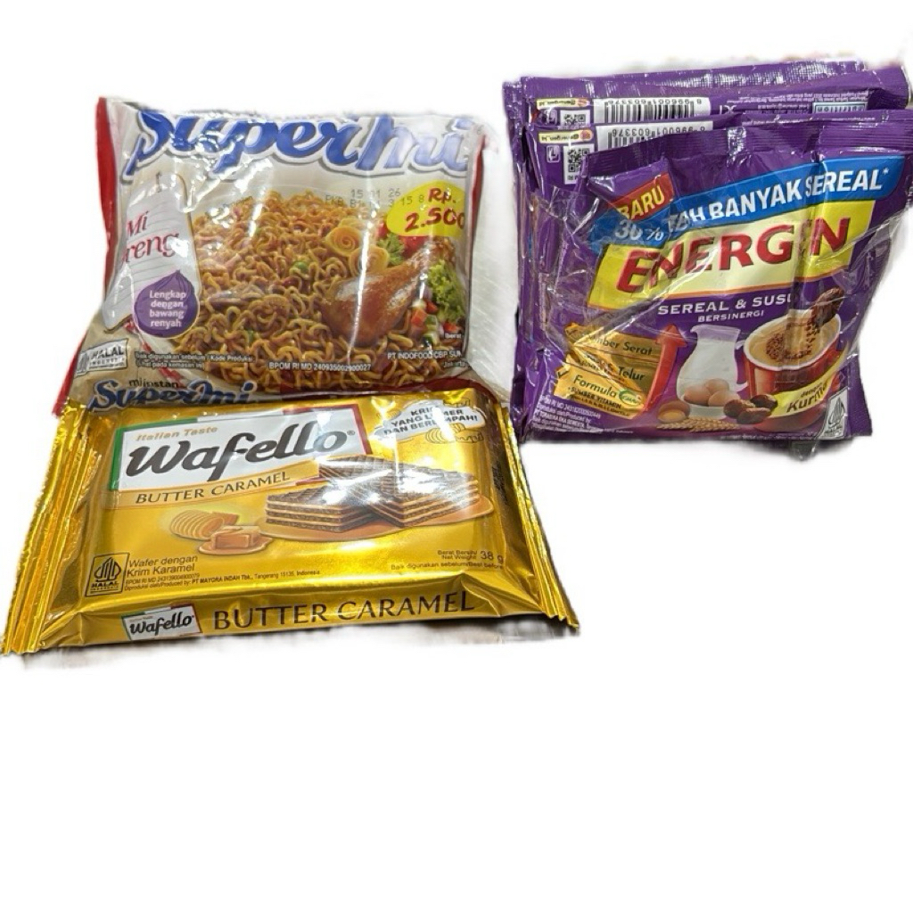 

(C3) Combo Hemat Energen Kurma 1renceng, 1bks supermi goreng, 1bks wafello 38g