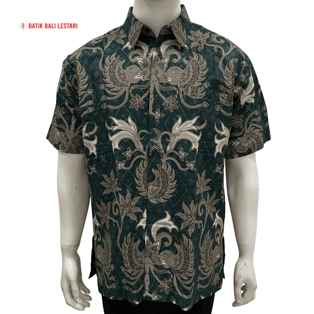 Batik Bali Lestari Batik Pria Lengan Pendek Katun Prada Hijau Tua (HTK)