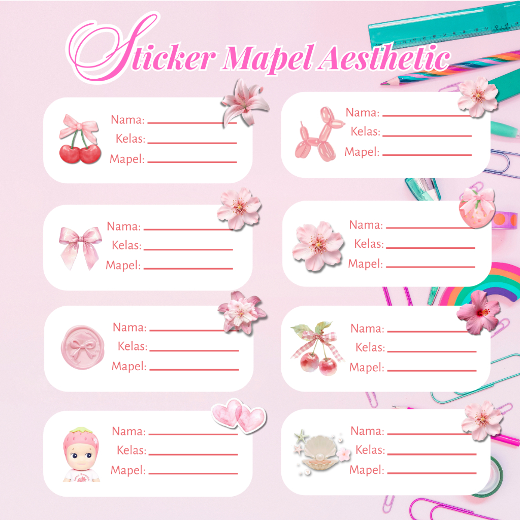 

(READY)STICKER LABEL MAPEL SEKOLAH AESTHETIC PINK CUTE, STICKER COQUETTE ISI 10 UNTUK NAMA KELAS MAPEL ANAK SD SMP SMA