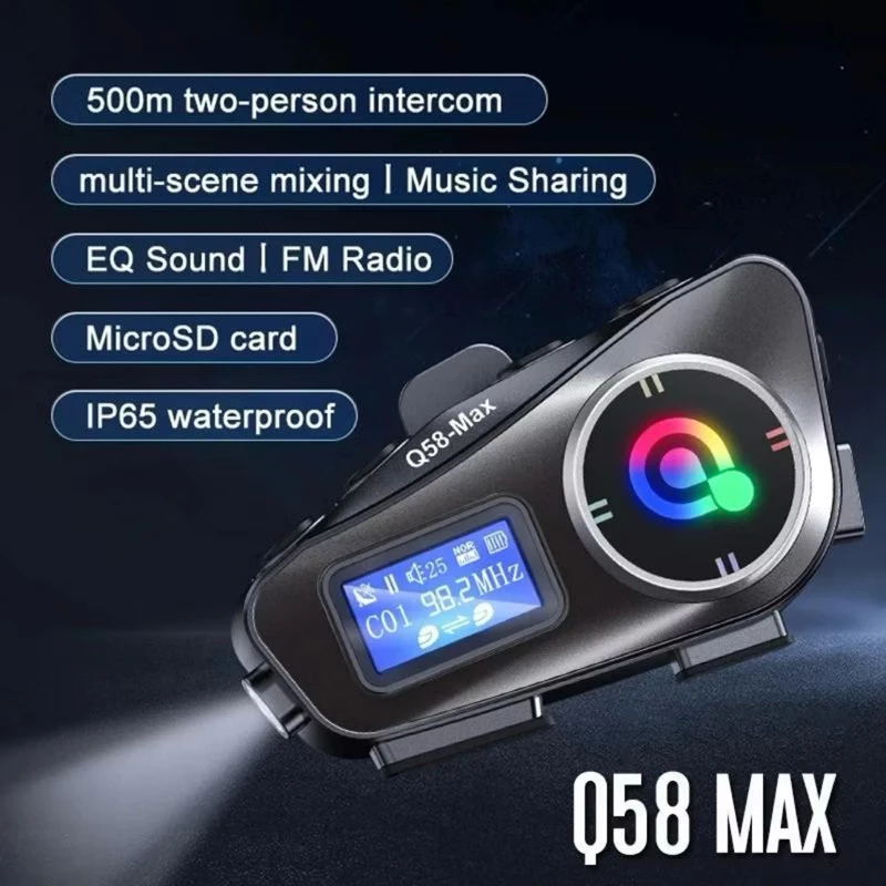 Intercom Q58max Headset Bluetooth Helm Motor with LCD Display Waterproof Interkom Sharing Musik / In