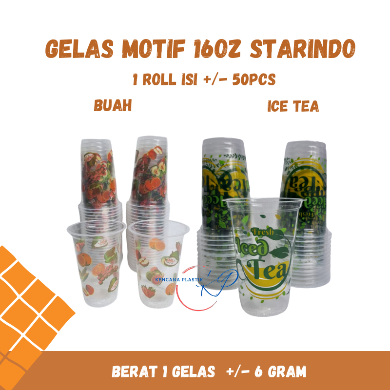 Gelas Plastik 16oz Motif Buah l Motif Iced Teh l Cup 16 oz Sablon Printing Isi 50 Pcs Starindo